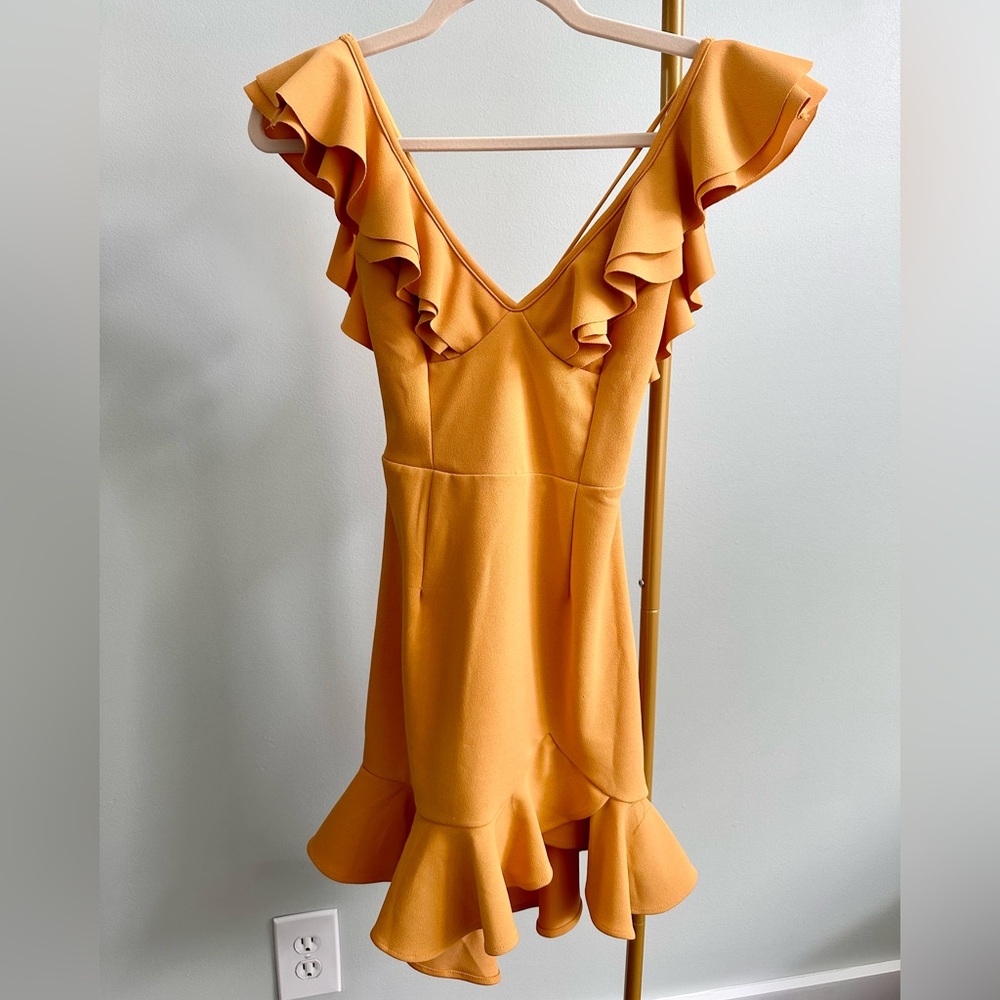 Ruffle Sleeve V-Neck Ruffle Hem Mini Dress - Mustard Yellow